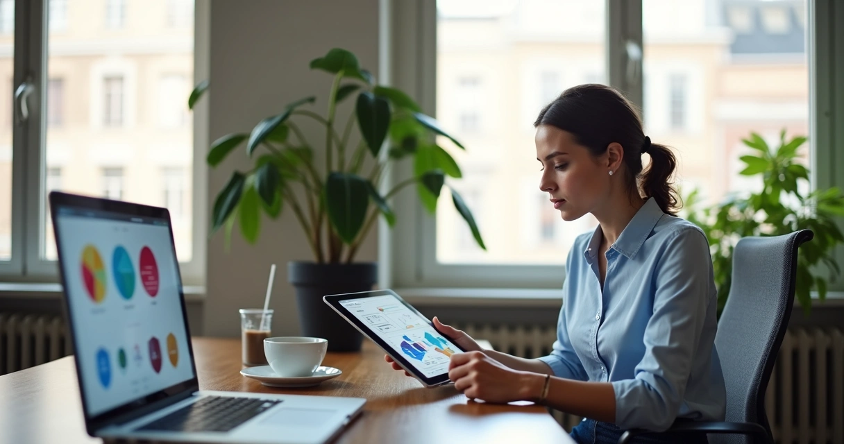 Mulher com tablet avaliando gráfico de branding