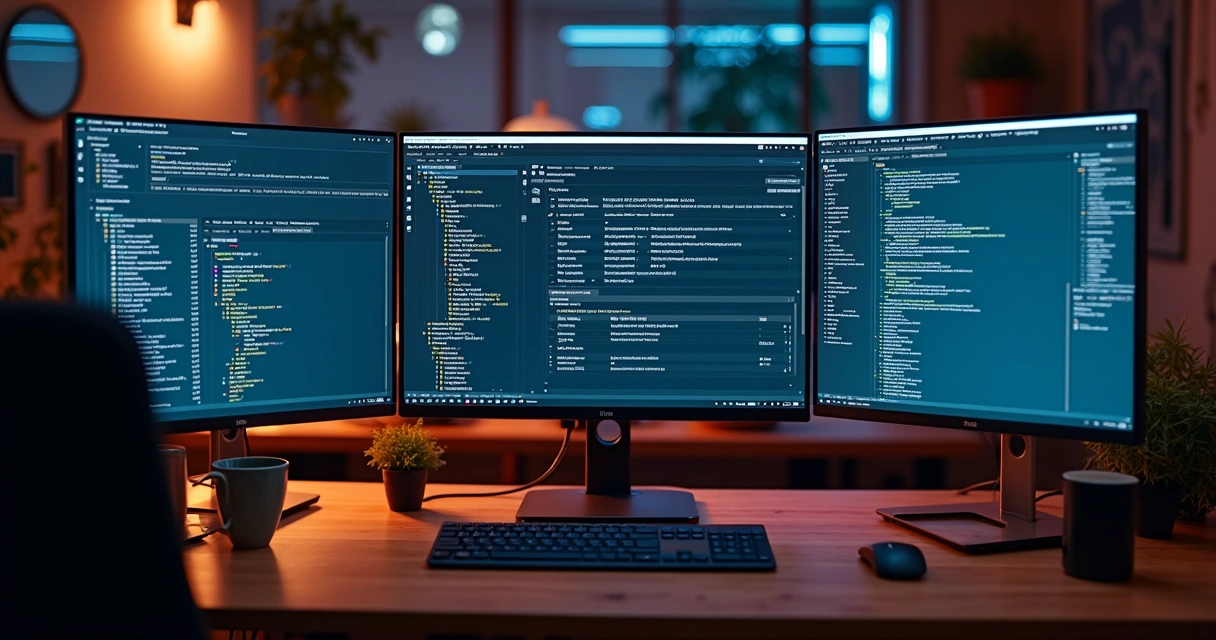Developer viewing WooCommerce security logs on multi-monitor setup
