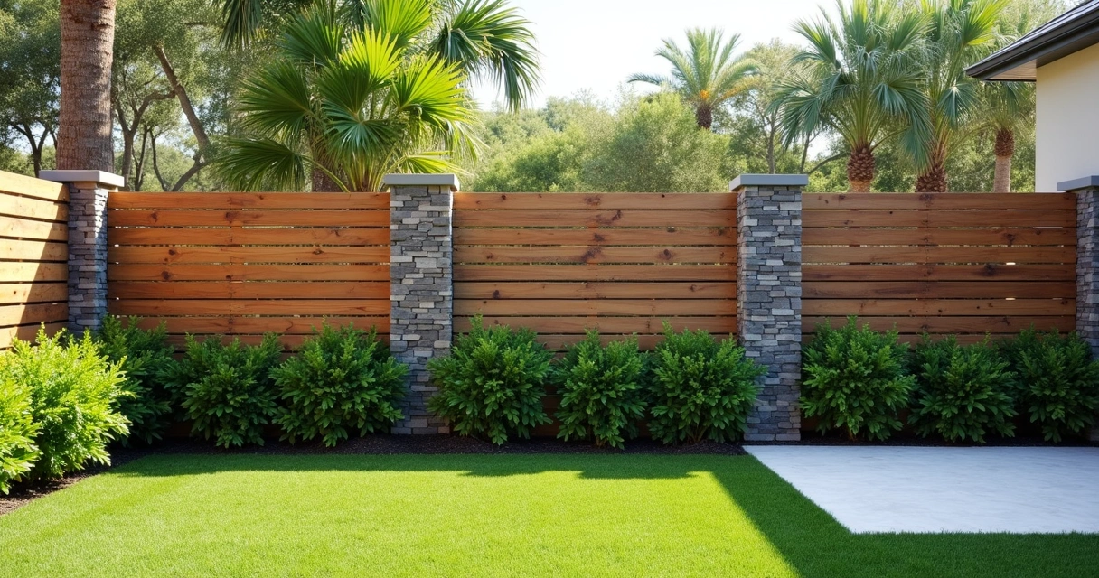 Wood and masonry fence with landscaping in Orlando backyard