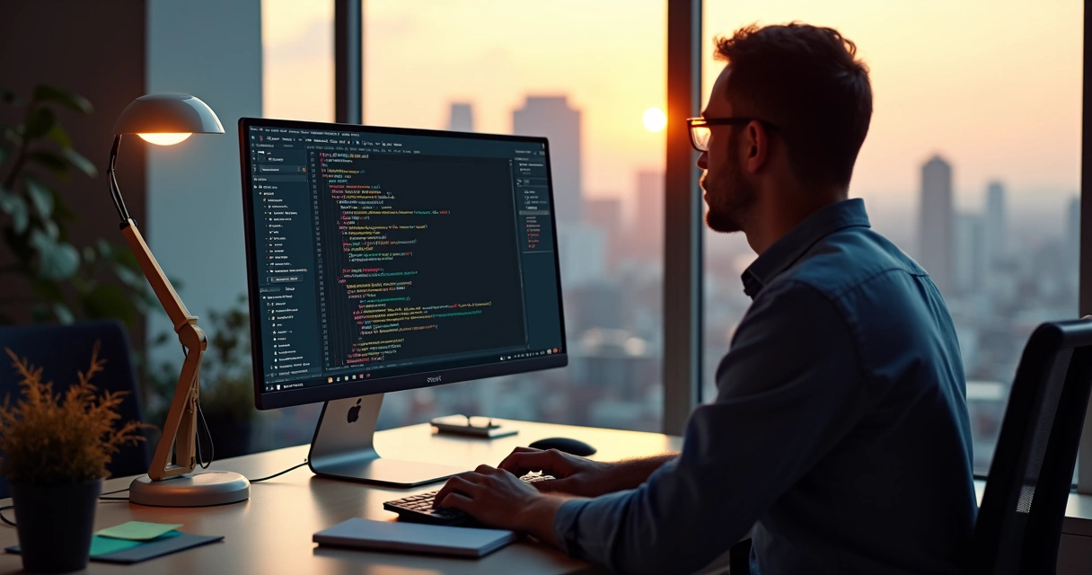 Desenvolvedor ao computador editando site WordPress com código e visualização lado a lado 