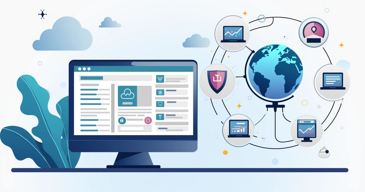 WordPress multisite dashboard connected to CDN, multiple site icons joined to global server node. 