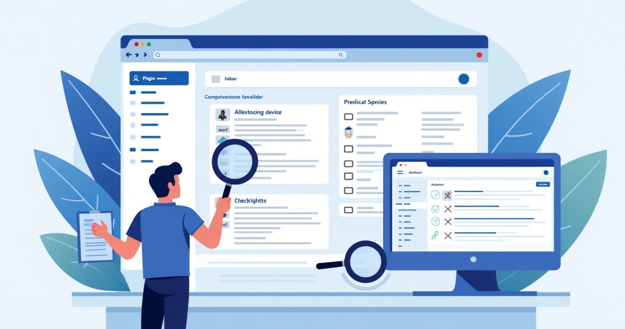 Illustration of the WordPress dashboard with plugin installation steps 