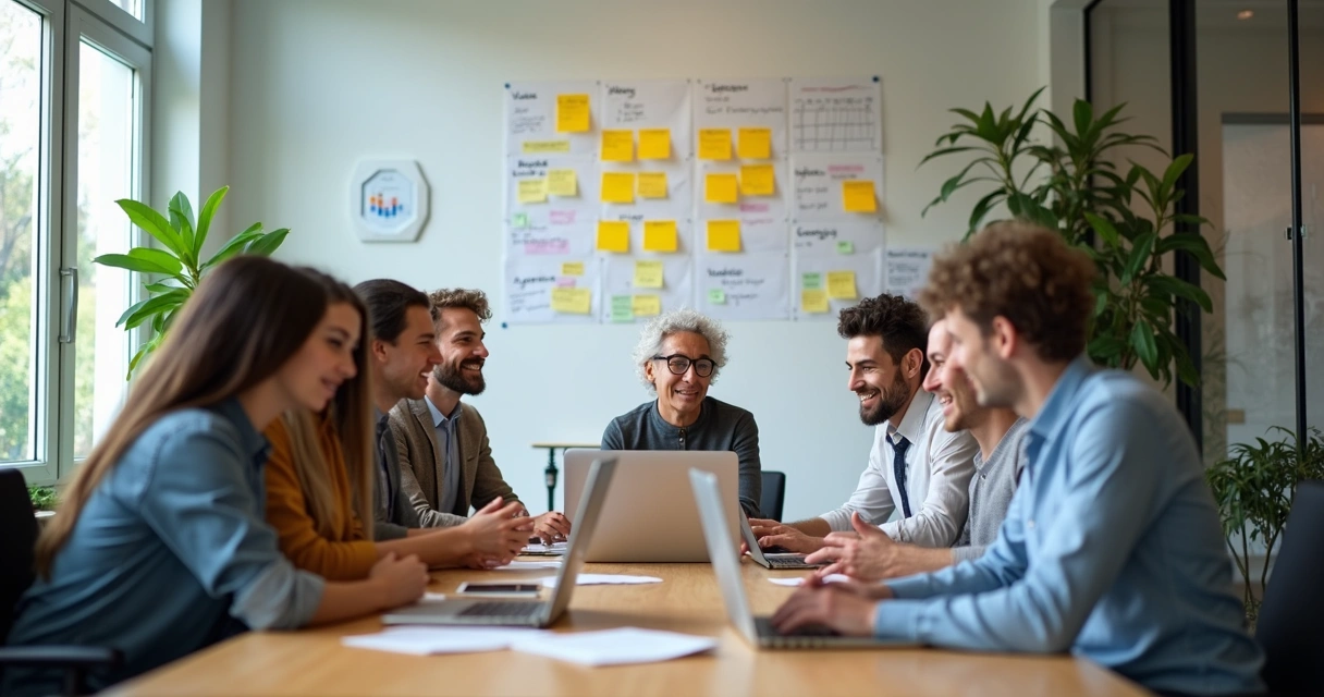 Colleagues sitting around a table brainstorming work agreements