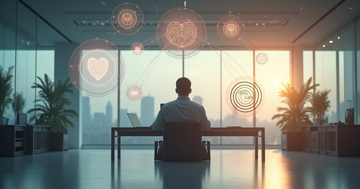 Person at a modern workspace surrounded by symbols representing emotion, consciousness, and systems