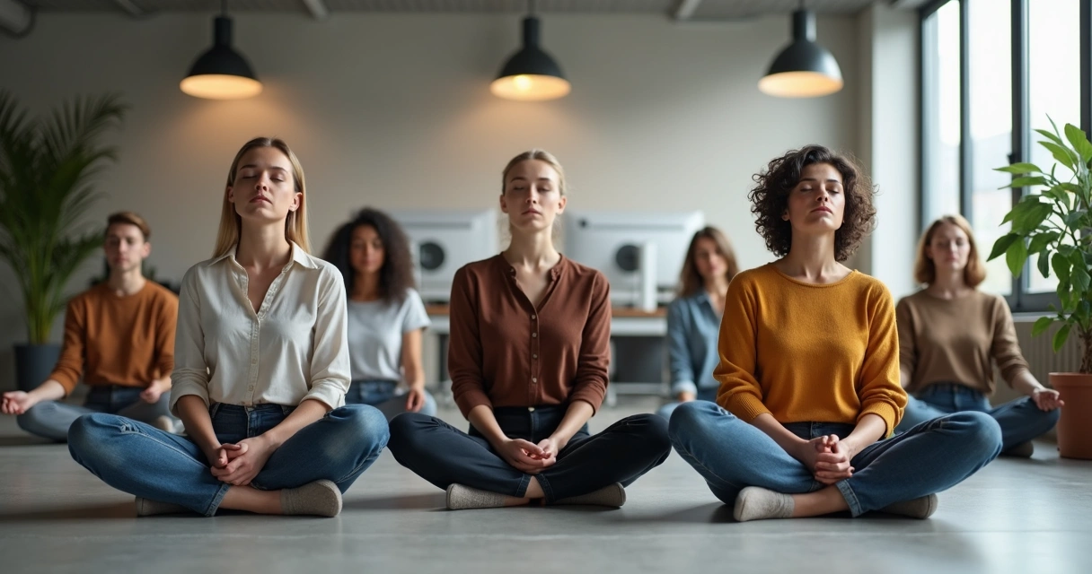 Coworkers practicing meditation during a work break 