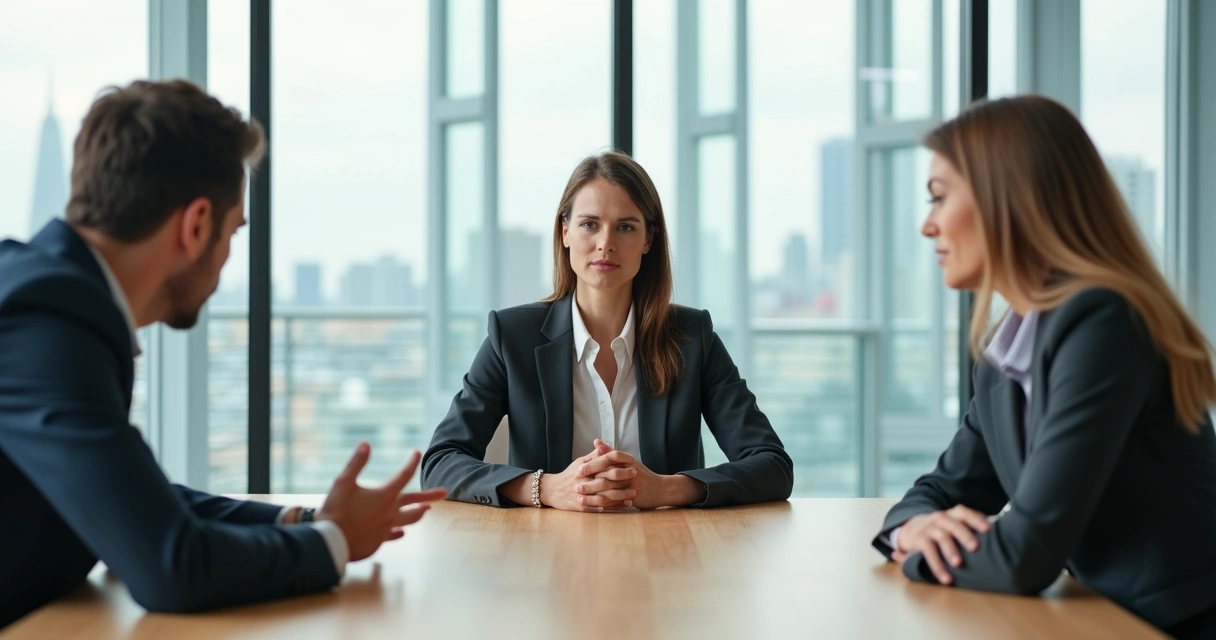 Two coworkers in a tense meeting while a third person stays calm and centered 