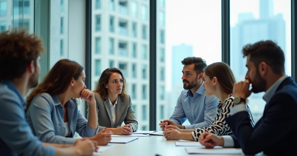 Equipe de escritório reunida, alguns membros visivelmente desconfortáveis 