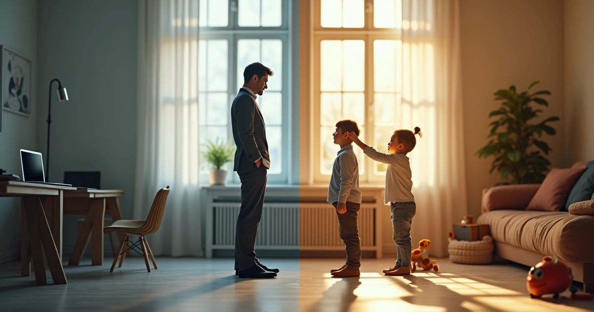 Person standing between office desk and family, balancing responsibilities 