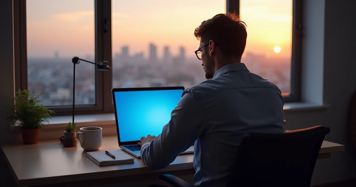 Person working alone at home with city skyline outside window 