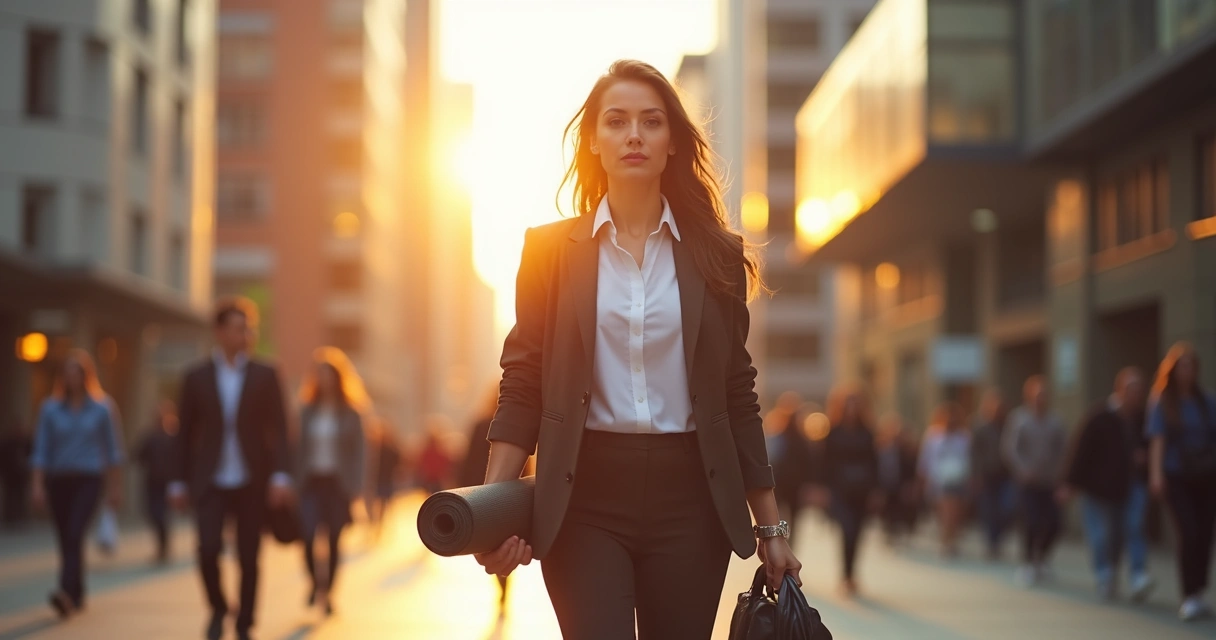 Professional walking in city at sunset balancing phone and yoga mat 