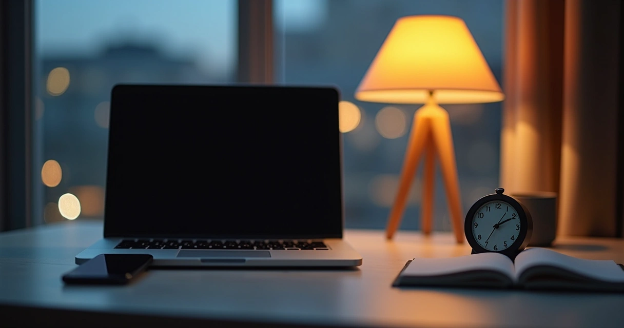 Workspace with laptop, clock, and muted phone after work hours 