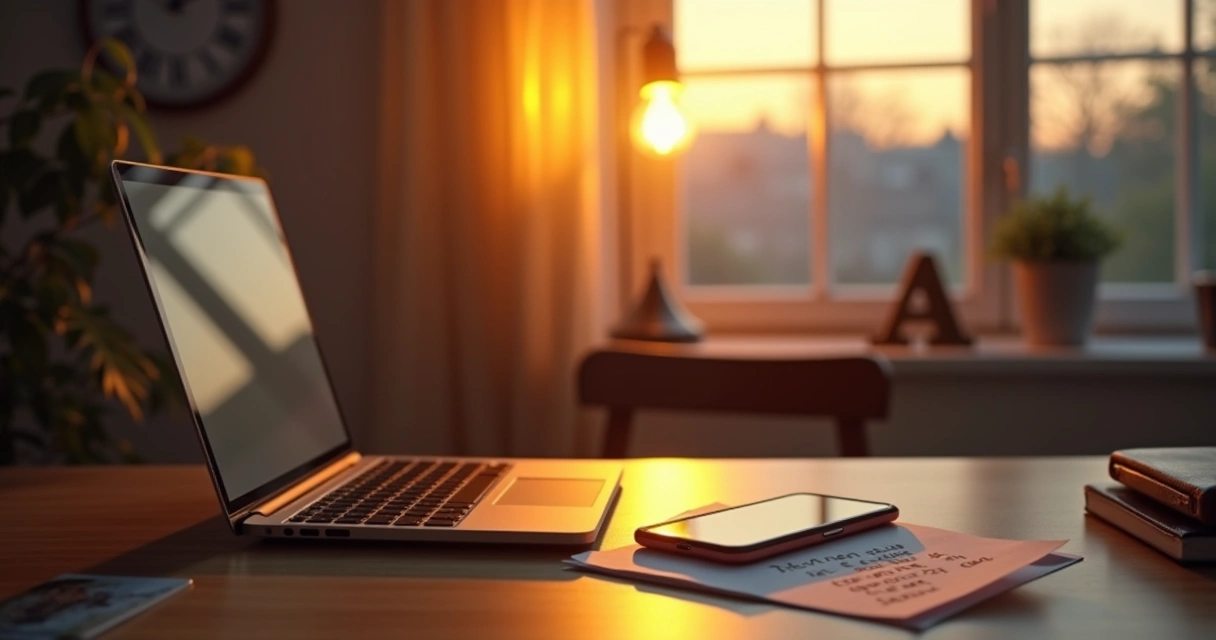 Closed laptop beside a phone and a handwritten boundary note