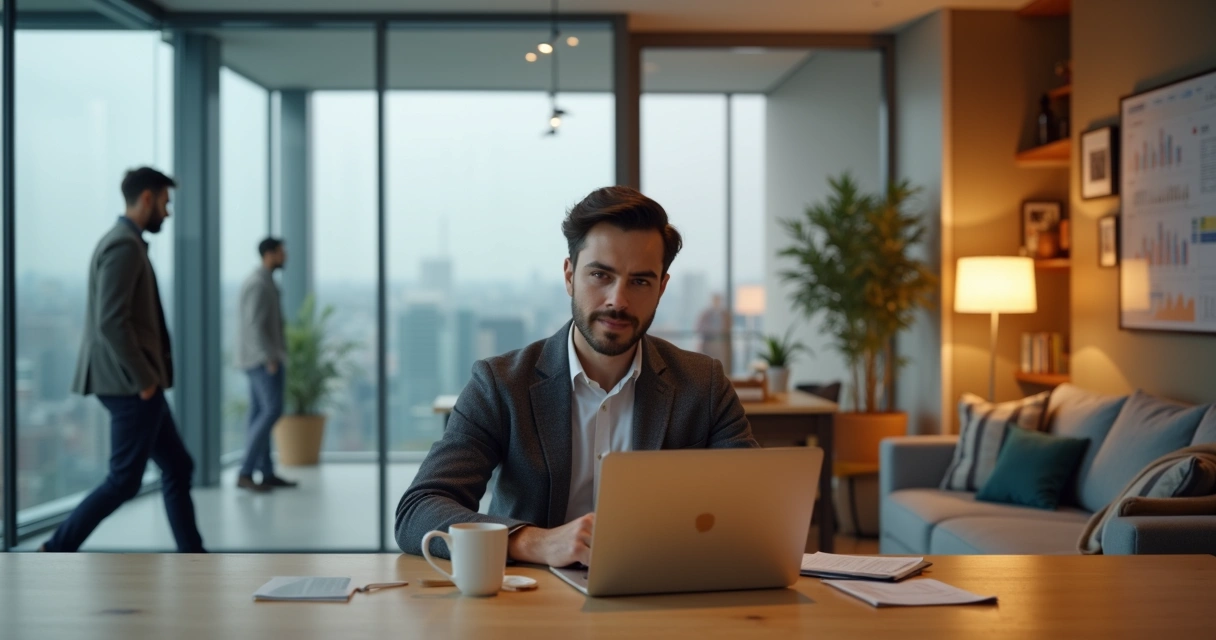 Professional at desk with overlapping transparent scenes of work and home life 