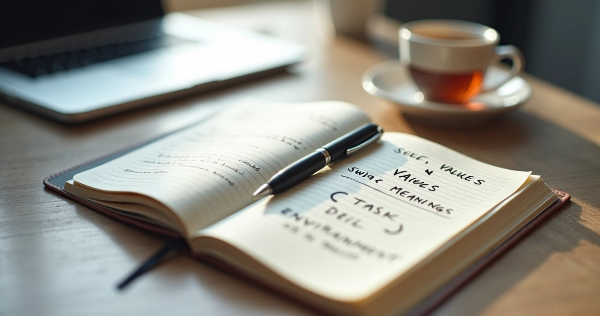 Notebook with work reflections beside a laptop