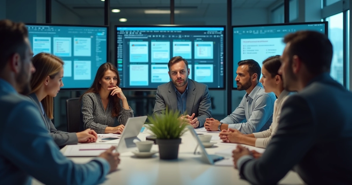 Team meeting with tired expressions, digital screens in background, some people quietly setting boundaries 