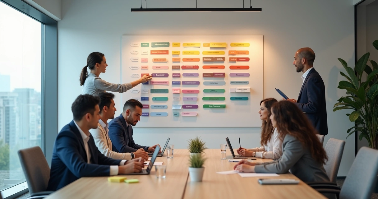 Diverse office team discussing colored emotion spectrum wall 