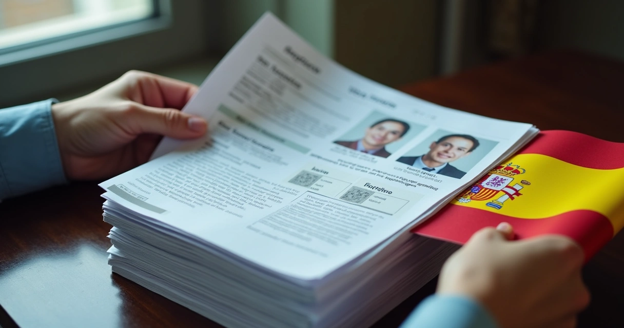 Work visa application documents and Spanish flag on table 