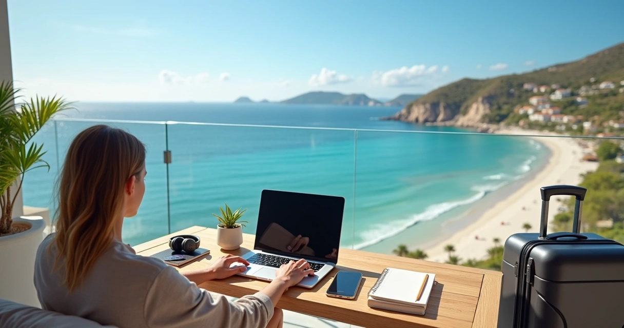 Profissional trabalhando em notebook em varanda com vista para o mar em destino de workation 