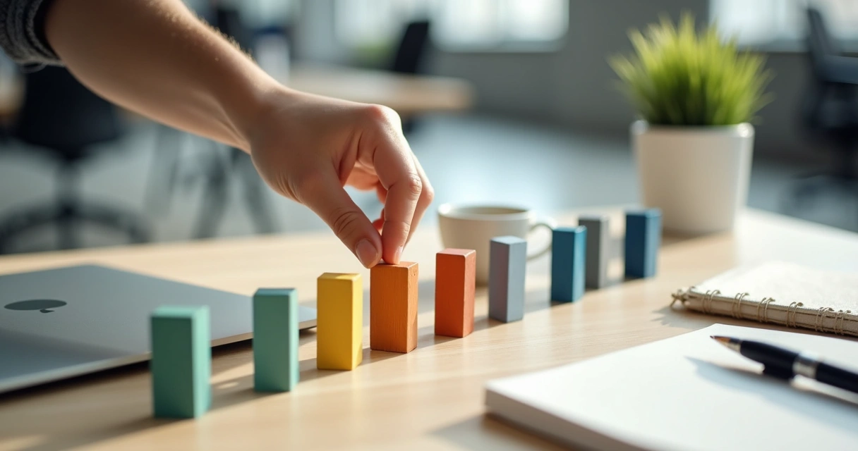 Office desk with hand tipping first colorful domino representing small workday choice 