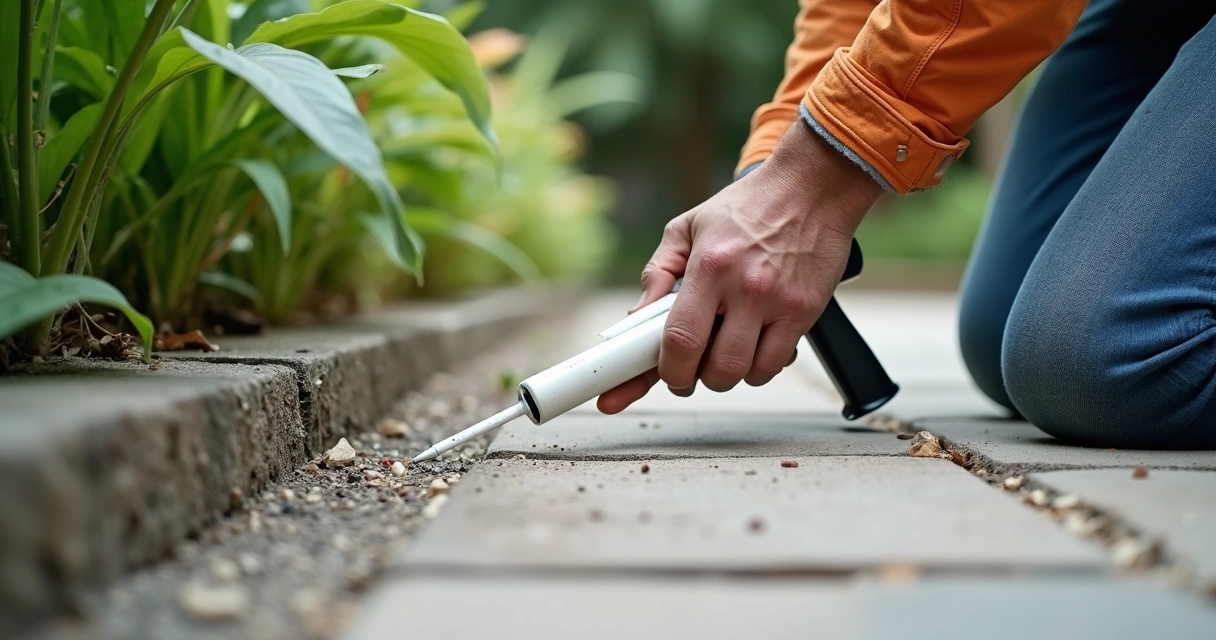 Professional applying caulk on paver joint outdoors 
