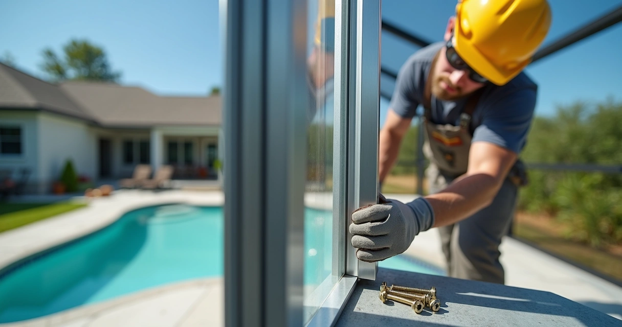 Construction worker installing hurricane-rated fastener on aluminum pool cage frame under bright daylight in suburban backyard 