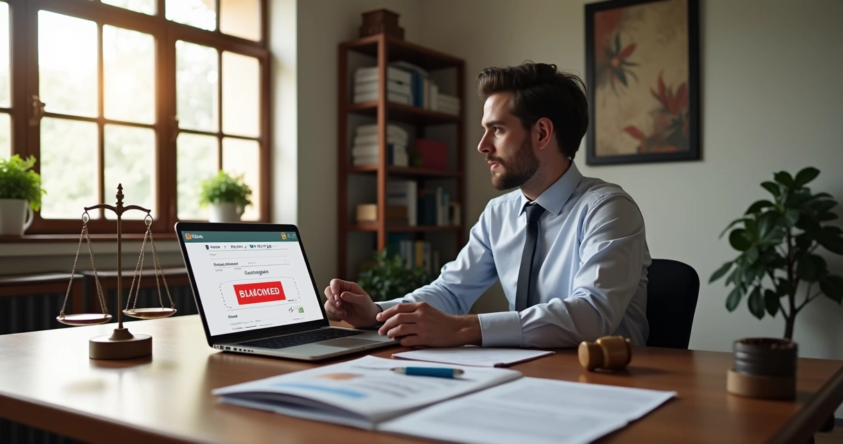 Brazilian worker looking at blocked bank account on laptop beside scales of justice 