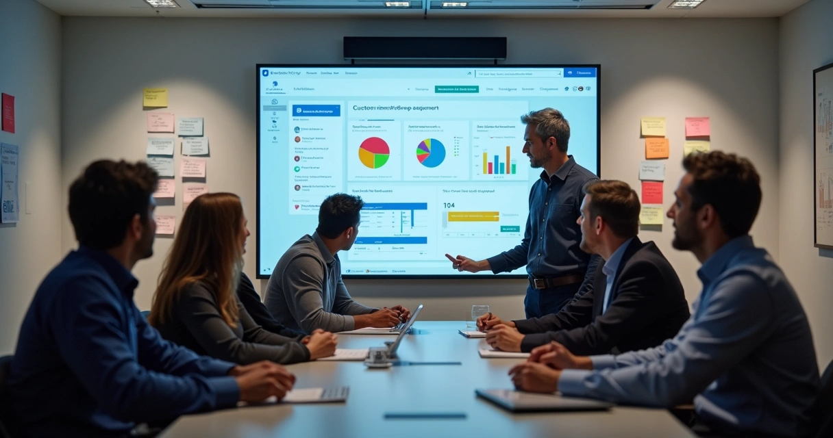 Colaboradores analisando fluxos de trabalho em aplicativo personalizado 