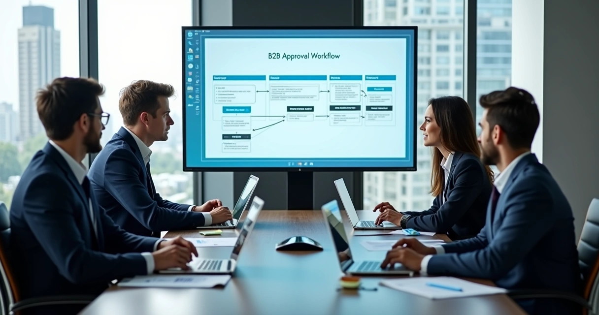 Equipe analisando fluxo de aprovação B2B em tela