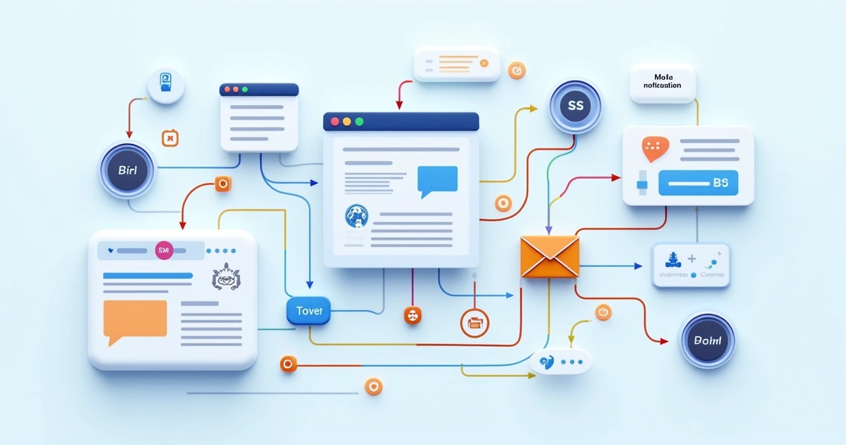 Fluxo visual de automação de marketing conectando formulários, email e web push 