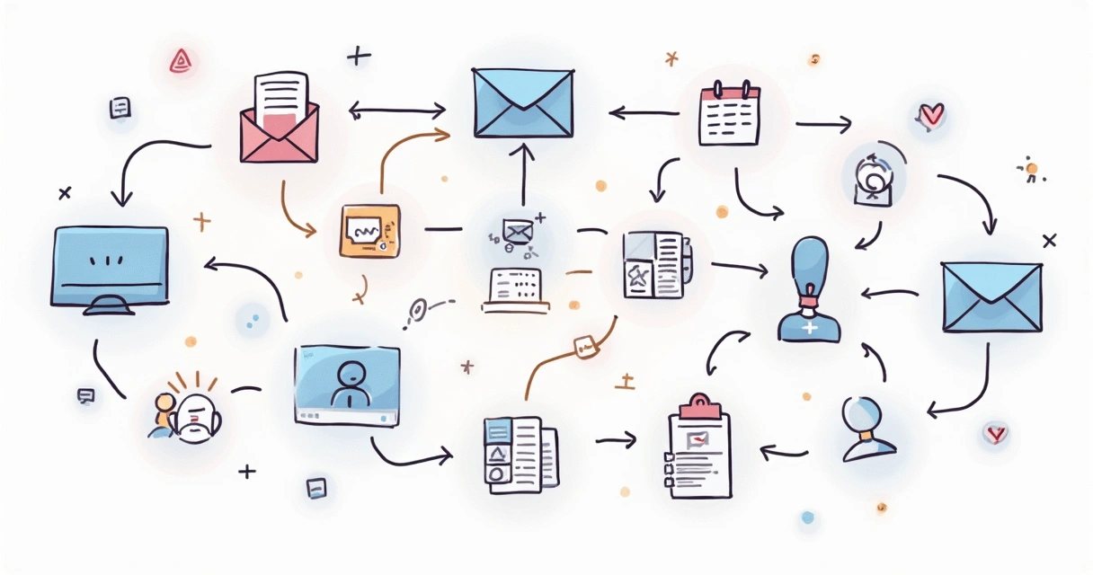Fluxo ilustrativo de automação de marketing integrando e-mails, eventos e CRM. 