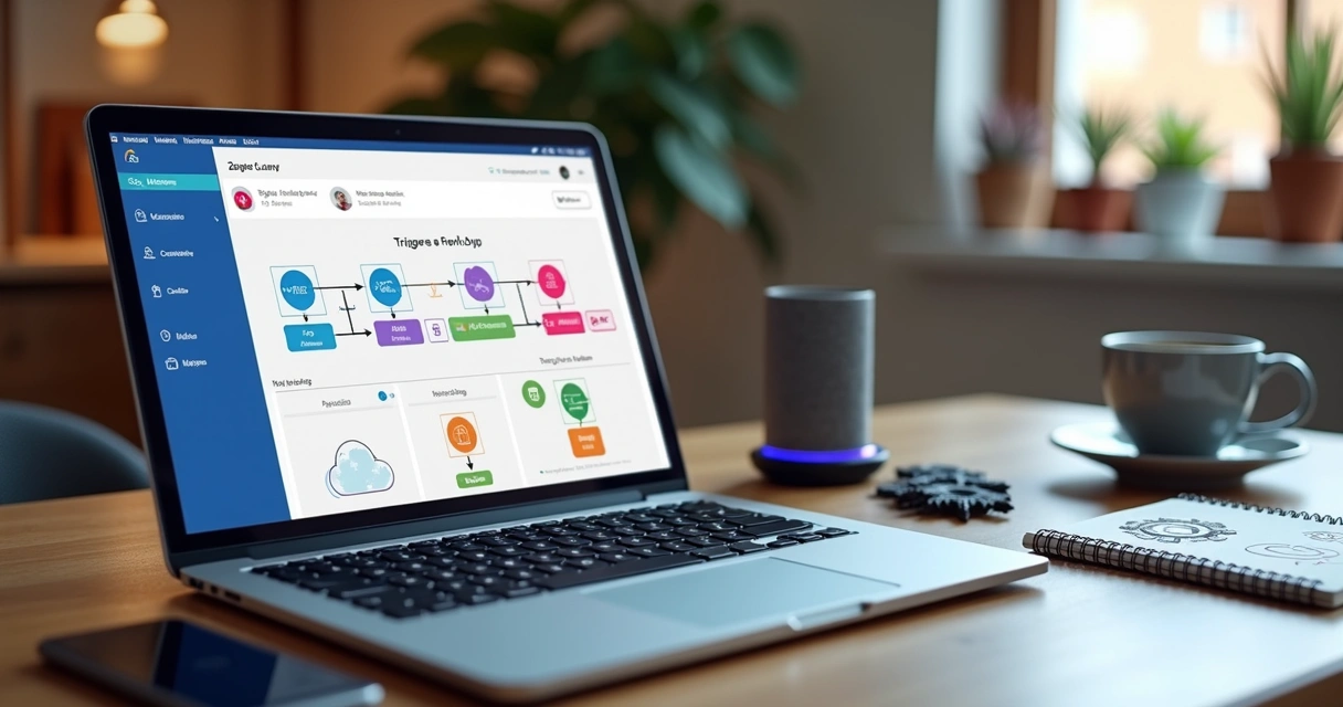 Tela de computador mostrando painel do Zapier com fluxos de trabalho automáticos configurados 