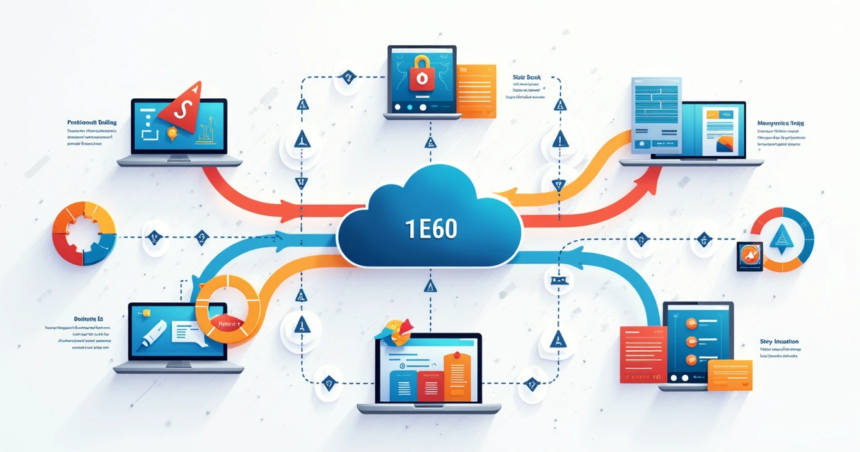 Flowchart with automation icons connecting business systems 