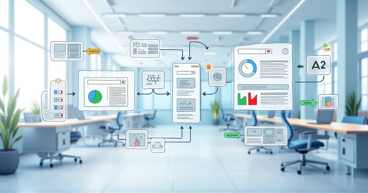 Representação visual de um workflow automatizado de análise de risco, com caminhos de decisão e dados conectados.