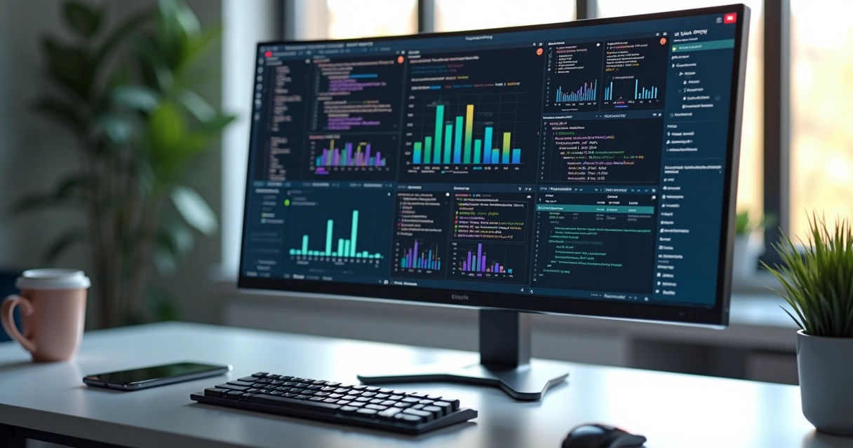 Tela de computador exibindo workflow automatizado de consulta de dados via API com gráficos e códigos 