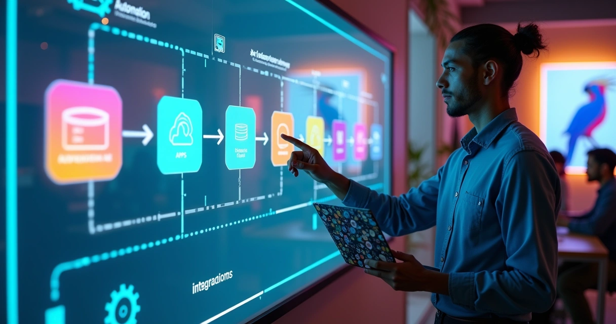 Profissional organizando workflow automatizado em painel digital com ícones de automação 