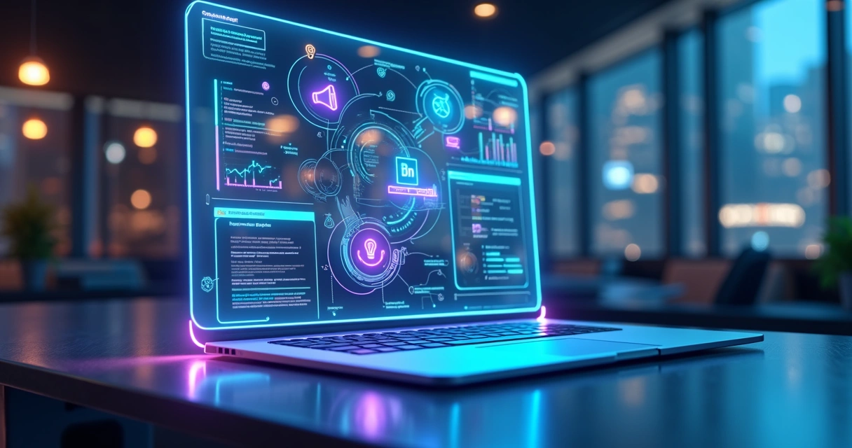 Fluxo automatizado conectando vendas, marketing e produto em um painel digital futurista 