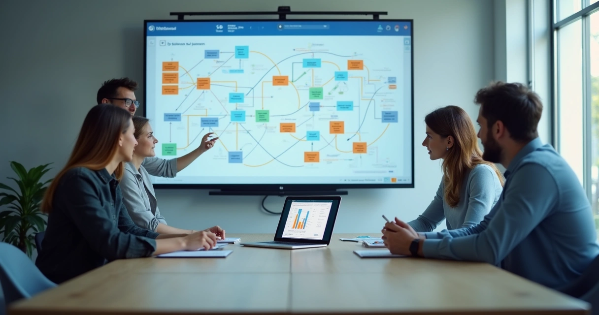 Equipe reunida em volta de mesa, analisando um quadro com fluxos de um software b2b