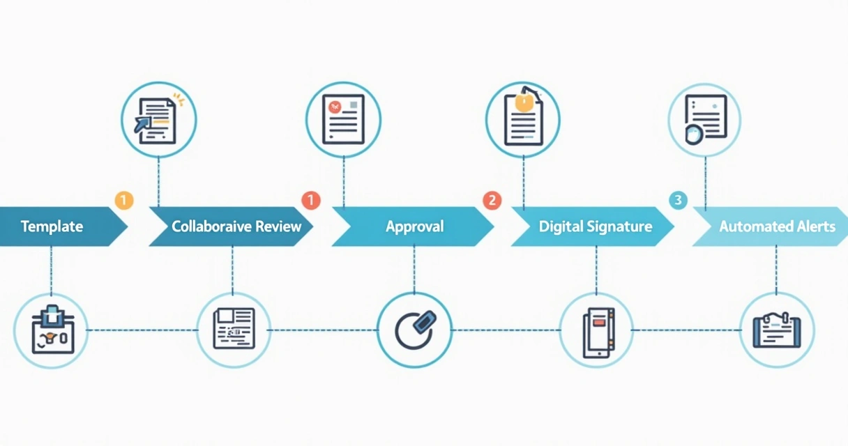 Fluxo visual de etapas de um contrato digital, do modelo à assinatura. 