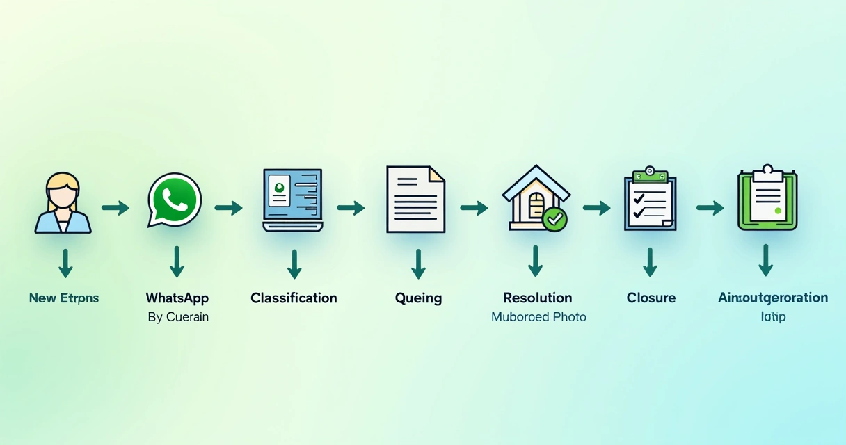 Workflow representando etapas de atendimento e resolução de demandas em condomínio 