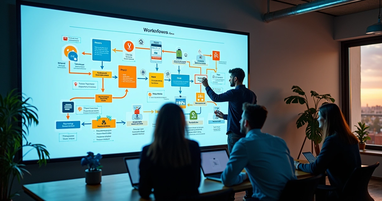 Equipe montando um painel digital de fluxo de trabalho 