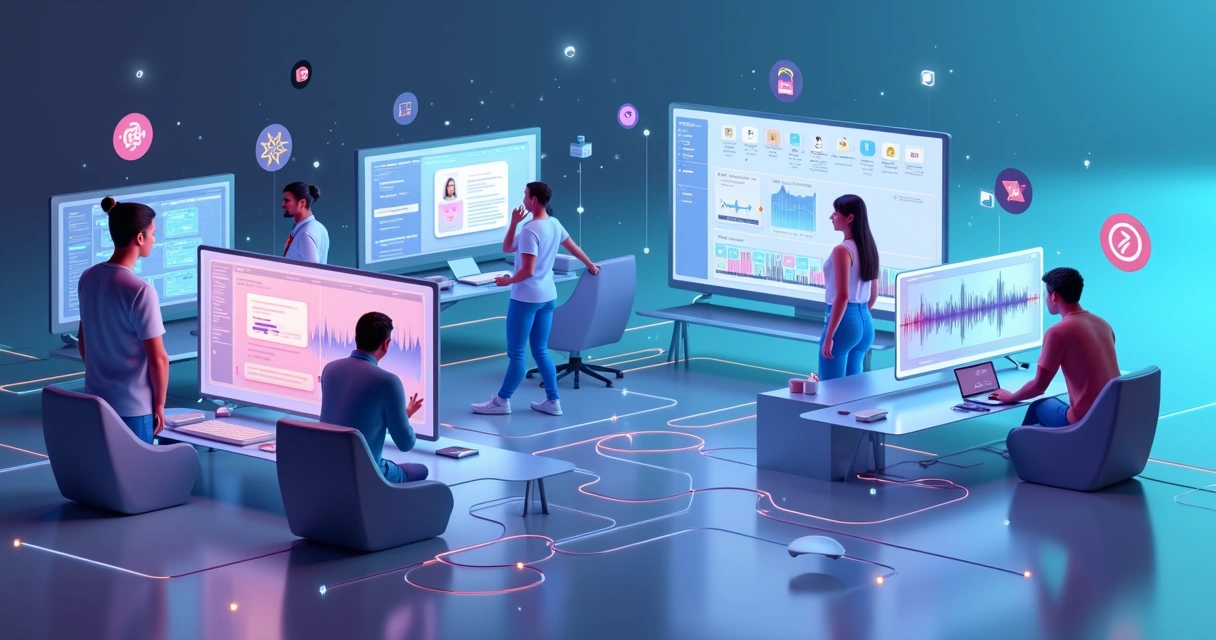Representação 3D de equipe remota colaborando em workflow de edição de vídeo em diferentes dispositivos conectados 