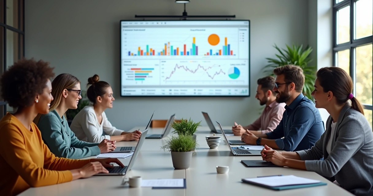 Equipe de vendas em reunião analisando dashboard em tempo real