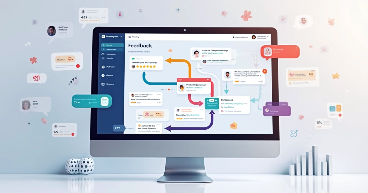 Fluxograma digital de um workflow de feedback em uma tela de computador 