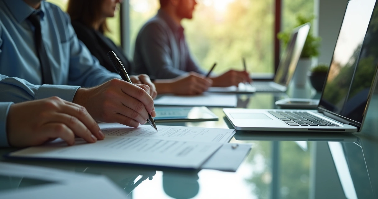 Equipe financeira aprovando pagamentos digitalmente em escritório moderno 