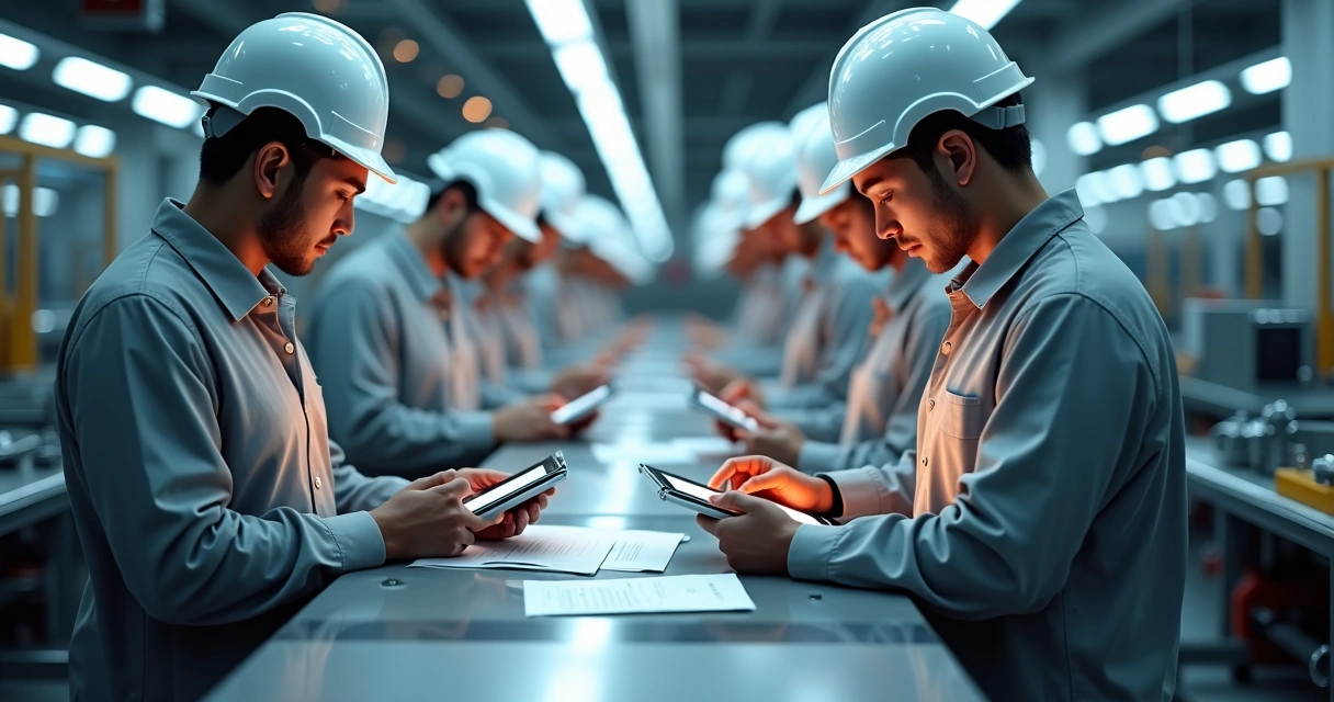 Linha de produção com colaboradores realizando os mesmos passos do checklist em tablets 