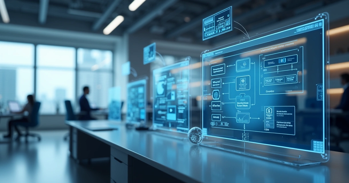 High-tech workspace with multiple transparent screens showing interconnected workflow diagrams and automation processes 