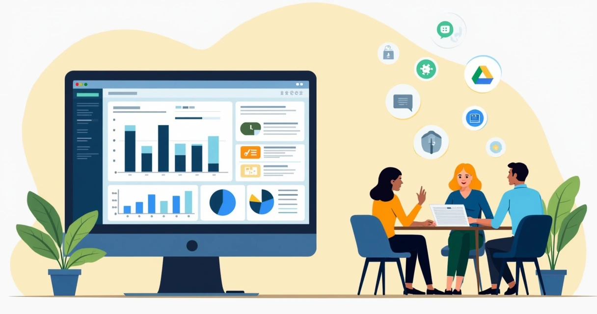 Digital contract dashboard showing contract stages and team discussing at workspace