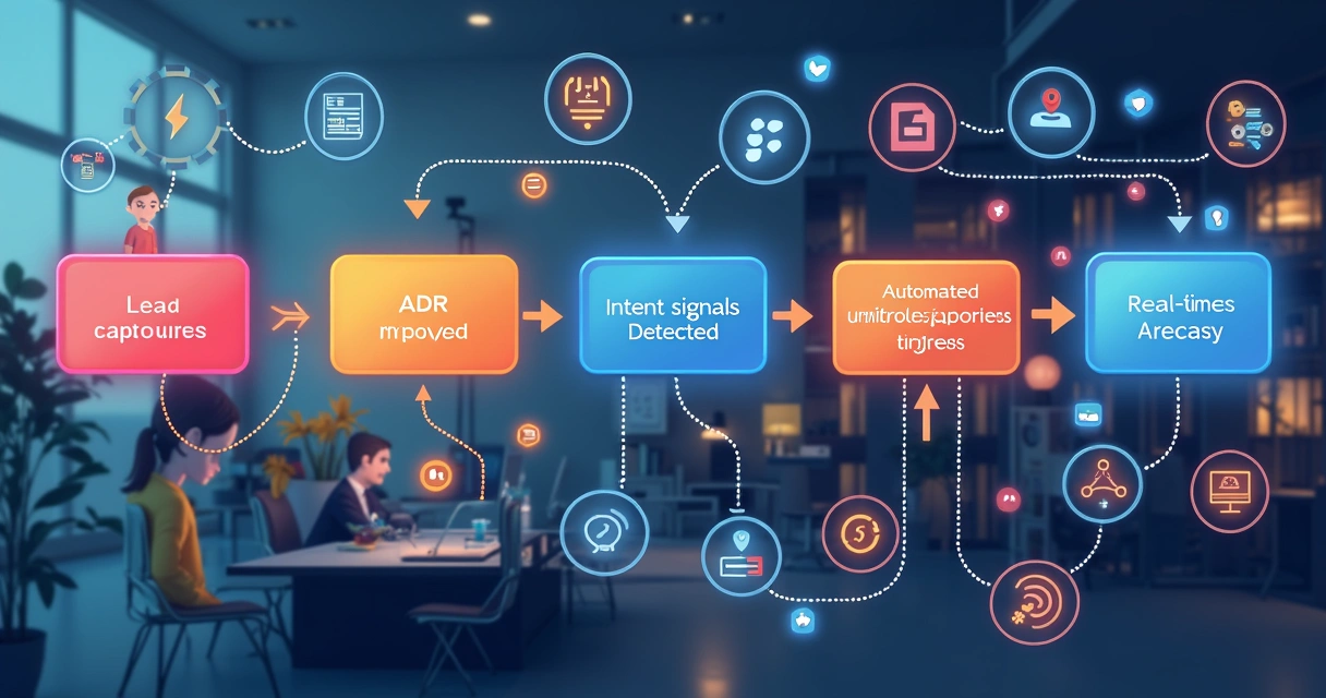 Fluxo de vendas ilustrado com automações, equipes conectadas e setas entre diferentes etapas 