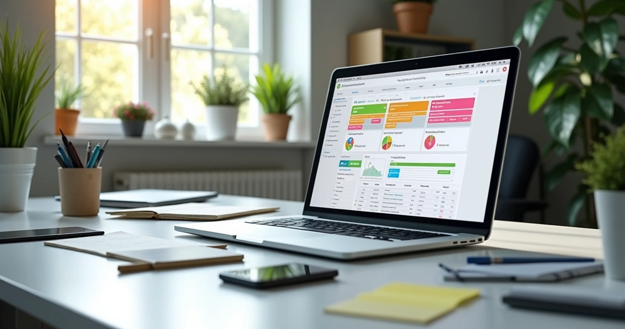 Mesa de trabalho digital com computador, planner e aplicativos organizando fluxos de trabalho e projetos 