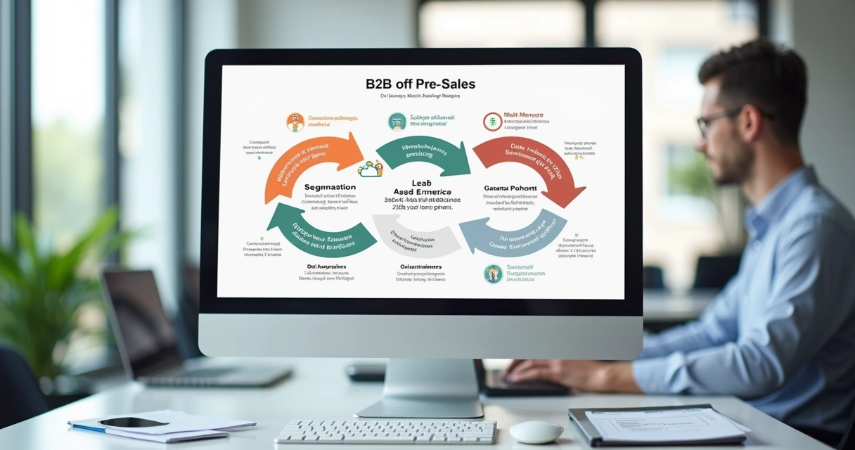 Fluxo visual do processo de pré-venda, mostrando etapas desde a segmentação até a passagem para vendas. 